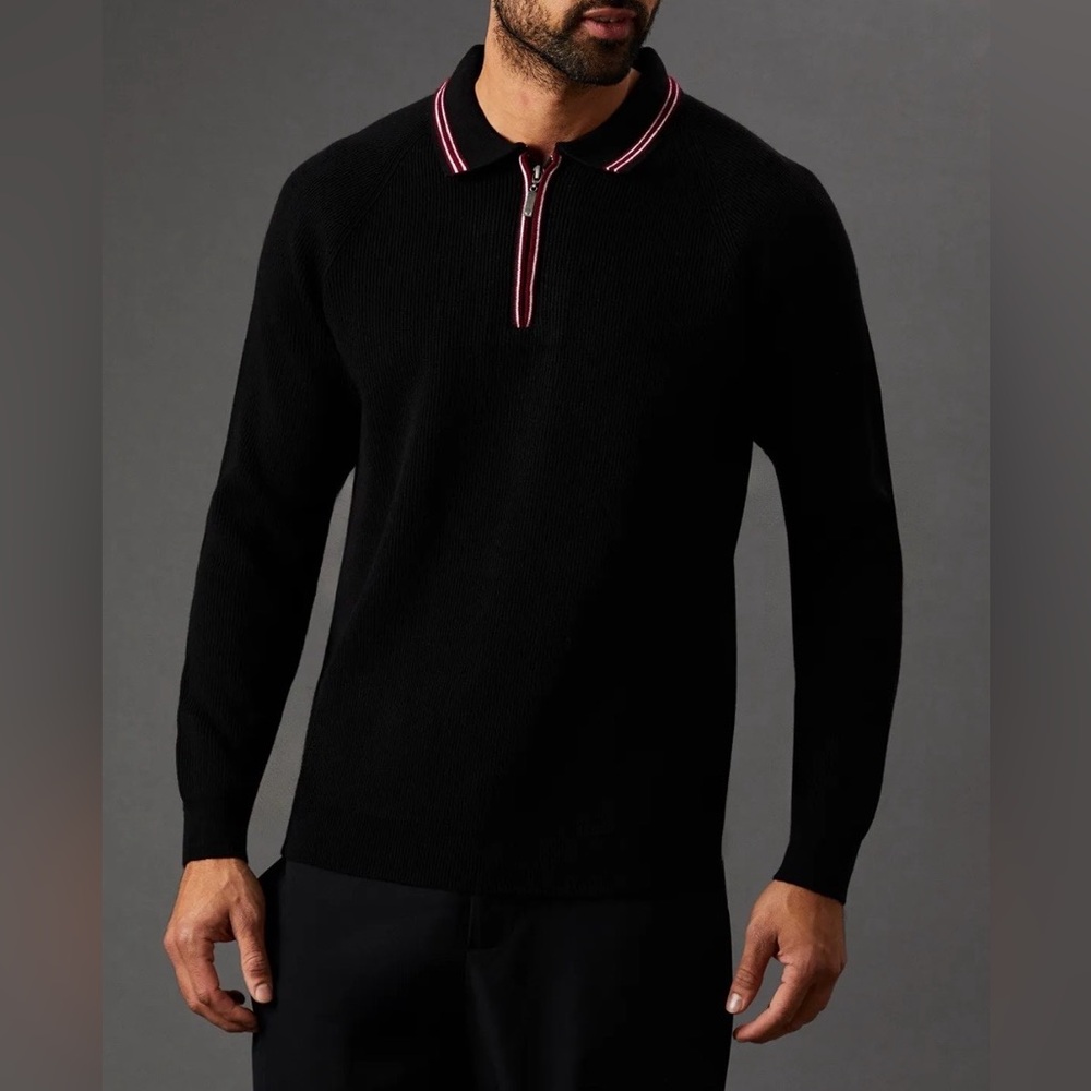 Vintage ADOLFO Italy Black Cotton 1/4 Zip Long Sleeve Collar 90s Sweater Size L
